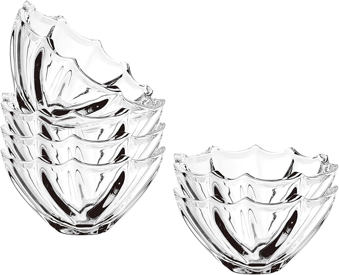 Small Glass Bowls Set of 6-8.5 oz Scalloped Dessert Bowls for Ice Cream, Snacks, Side Dishes, Dipping, Prep Meal, Serving