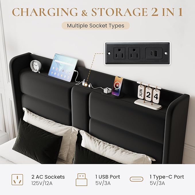 SHA CERLIN Queen Size Bed Frame with Charging Station & Storage Headboard, Velvet Platform Bed with Upholstered Modern Wingback Design, Wooden Slats Support, No Box Spring Needed, Easy Assembly, Black