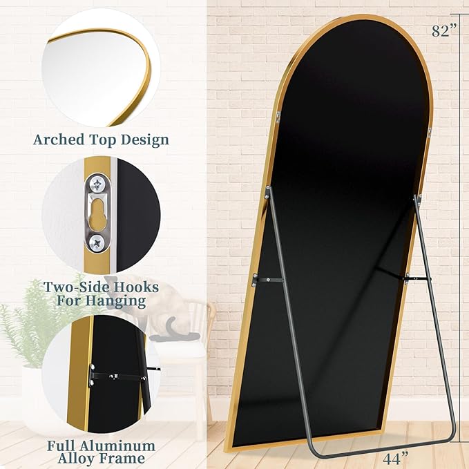 Full Length Mirror with Stand, 82"x44" Arched Full Body Mirror, Large Stand Up Mirrors, Aluminum Frame Floor Standing Mirrors, Freestanding Hanging Leaning Mounted for Bedroom Living Room Gold