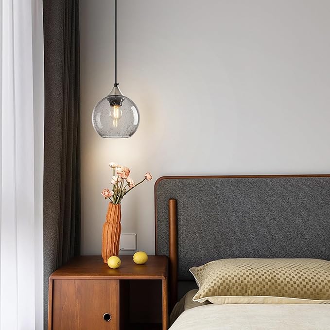 Light Grey Glass Pendant Lights Kitchen Island Globe Pendant Light Fixtures Modern Pendant Lighting for Bedroom Living Dining Room Light Fixture (5.9 in, 2 Pack)