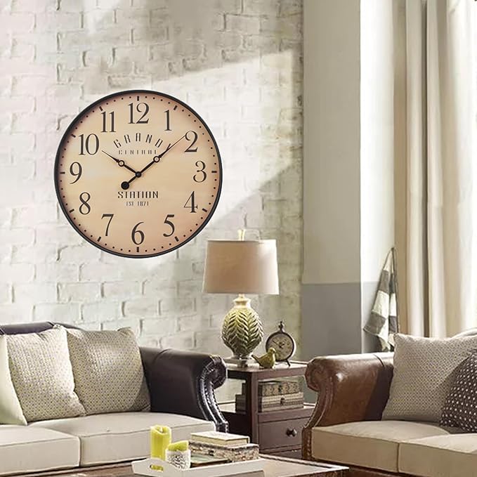 16 Inch Vintage Wall Clock, Silent Non-Ticking Quartz Battery Operated Decorative Clock for Home, Kitchen, Living Room, Dining Room, Office, Brown Arabic Number