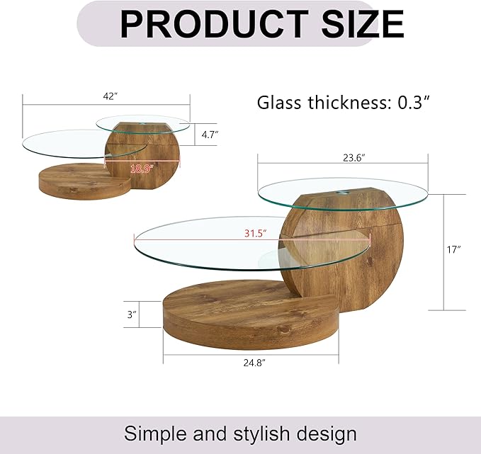 Glass Coffee Table, Modern Round Glass Coffee Table with Wooden Base, 3 Tier Round Coffee Table, Clear Cocktail Table with Storage for Living Room, Office, Balcony, Wood