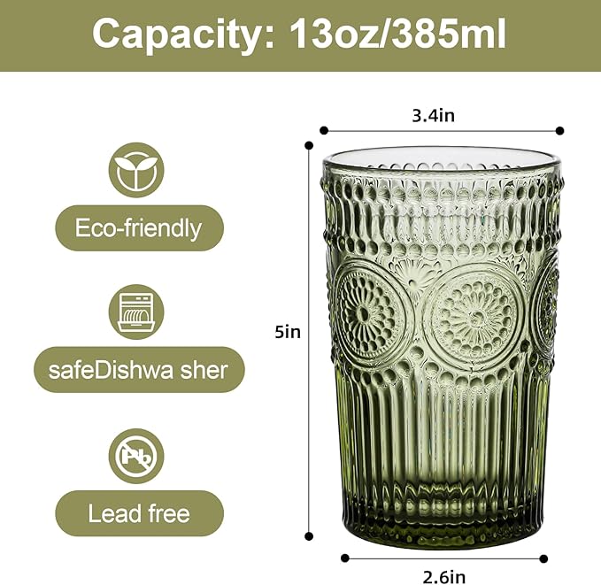Vintage Glassware Drinking Glasses Set of 6,13 oz Green Textured Flower Design Glass Water Tumblers，Embossed Striped Drinkware for Water,Cocktails,Juice,Iced Coffee