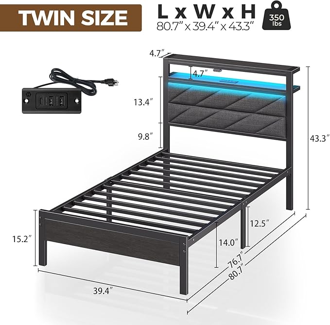 Seventable Bed Frame Twin Size with Charging Station, LED Bed with Upholstered Storage Headboard, Metal Platform Bed with Under Bed Storage, No Box Spring Needed, Noise Free, Easy Assembly, Grey