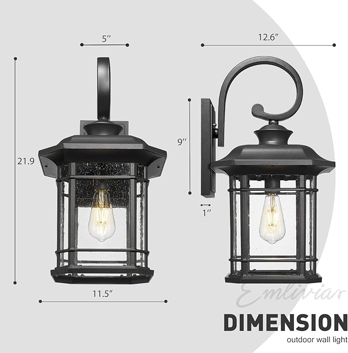 Emliviar Outdoor Wall Lantern Fixture with E26 Base, Large 21.9 Inch Exterior Wall Light with Seeded Glass, Black Finish, 2084B-L BK