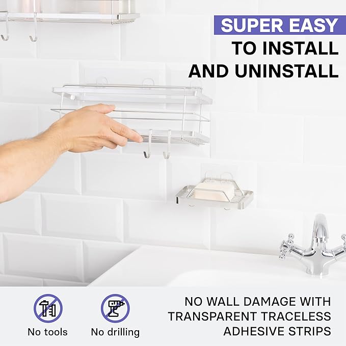 KINCMAX Premium Shower Caddy with Soap Holder, 2-Pack Adhesive Organizer, No Drill Bathroom Shelves, Rustproof Stainless Steel Shelves for Inside Shower, Storage Rack, Silver