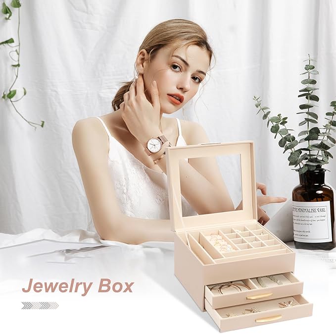 Jewelry Storage Box with Glasses Lid, 3-Tiers Jewelry Organizer Box for Women Girls, Jewelry Case for Rings, Bracelets Earrings, Necklaces (Apricot)