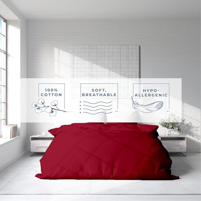 Kotton Culture 1 Pc King Size Duvet Cover Only -100% Egyptian Cotton Sateen 600 Thread Count Ultra Soft Premium Durable Comforter Cover Zipper Closure & Corner Ties (Red Burgundy, King 102"x94")