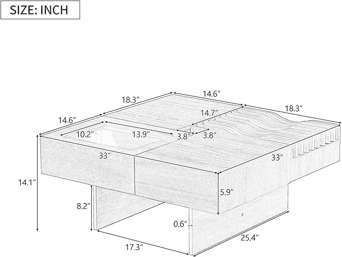WILLIAMSPACE 33" Square Coffee Table with 3 Drawers, Modern Unique Wooden Center Table with Tempered Glass and Solid Wood Legs, Storage Accent Side End Table for Living Room Apartment, Walnut