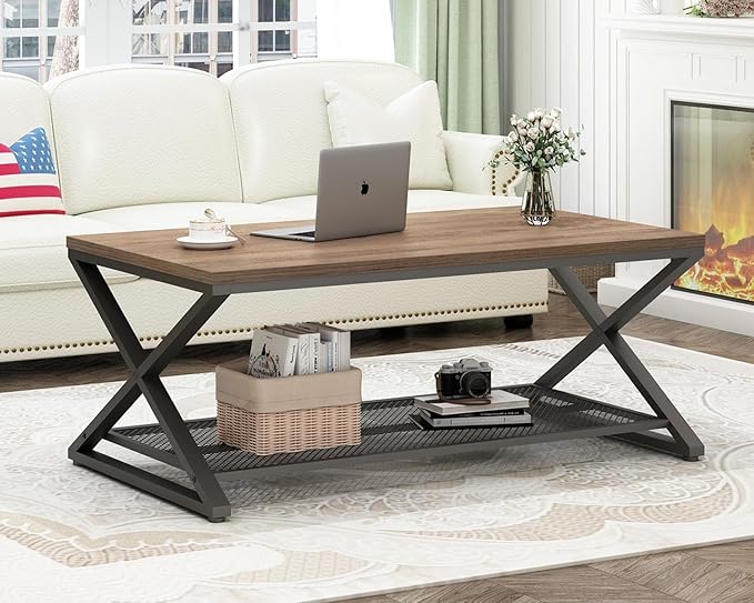 LVB Wood Coffee Table, Metal Wooden Living Room Table with Storage, Industrial 2 Tier Cocktail Tea Table with Mesh Shelf, Farmhouse Rectangular Low Middle Tables for Office Bedroom, 39 inch Rustic Oak