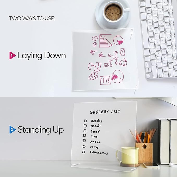 Desk Dry Erase Board with Erasable Marker | White, Black, Clear Acrylic Whiteboard Surface | Angled Writing Tablet | Personal Organizer with Daily Schedules | Weekly to-Do Lists (Clear - 12x12)