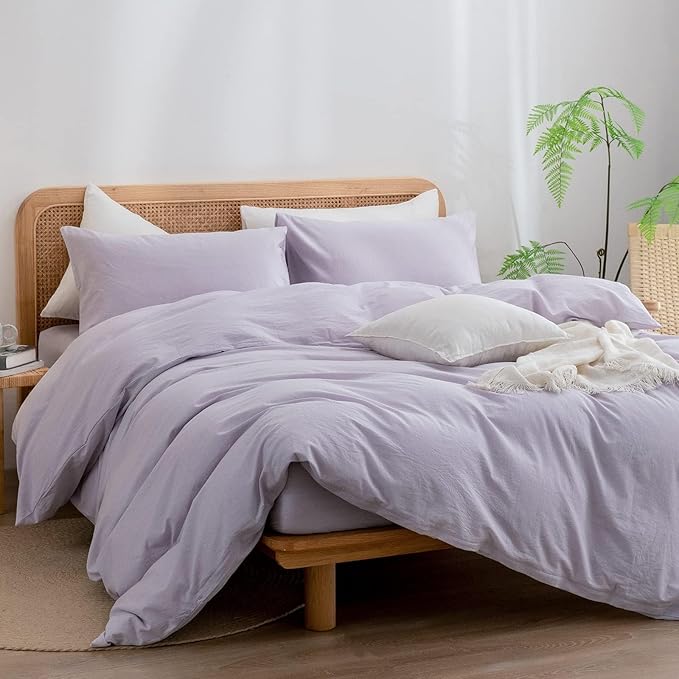 BESTOUCH Duvet Cover Set 100% Washed Cotton Linen Feel Super Soft Comfortable Chic Lightweight 3 PCs Home Bedding Set Solid Taro Purple Oversized Full