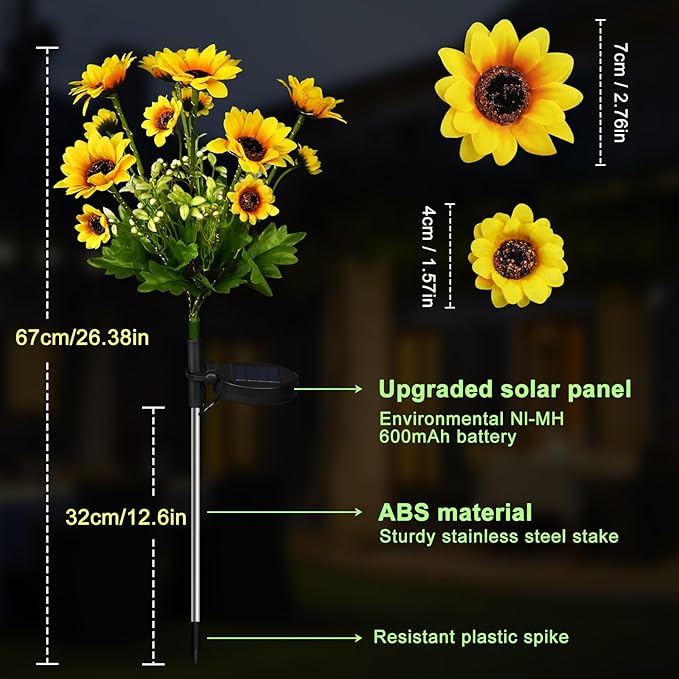 Aolyty Solar Garden Lights Outdoor, Solar Flower Lights with 24 Sunflowers 2 Modes, IP65 Waterproof LED Stake Light 2 Pack for Pathway Patio Yard Landscape Decorative