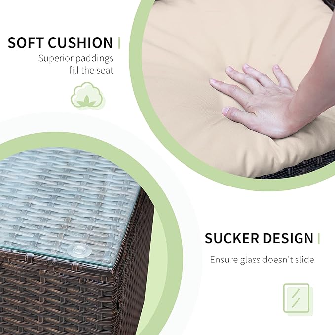 Greesum 3 Pieces Patio Furniture Sets Outdoor PE Rattan Wicker Chairs with Soft Cushion and Glass Coffee Table for Garden Backyard Porch Poolside, Brown and Beige