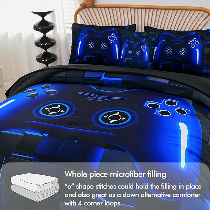 PERFEMET 6 Pieces Gamer Comforter Sets Kids Queen Size Blue Gamer Comforter Bed in A Bag for Boys Teen 3D Cool Video Gaming Black Bedding Set(Blue, Queen)