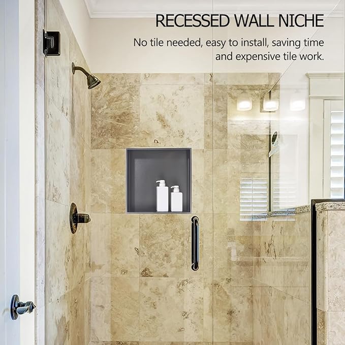 16 x16 Gunmetal Black Bathroom Shower Niche, Luckyhorse 16"x16"x4" Wall-Inserted Rectangular Recessed Bathroom Niche Recessed Shower Niche Shelf for Bathroom Storage