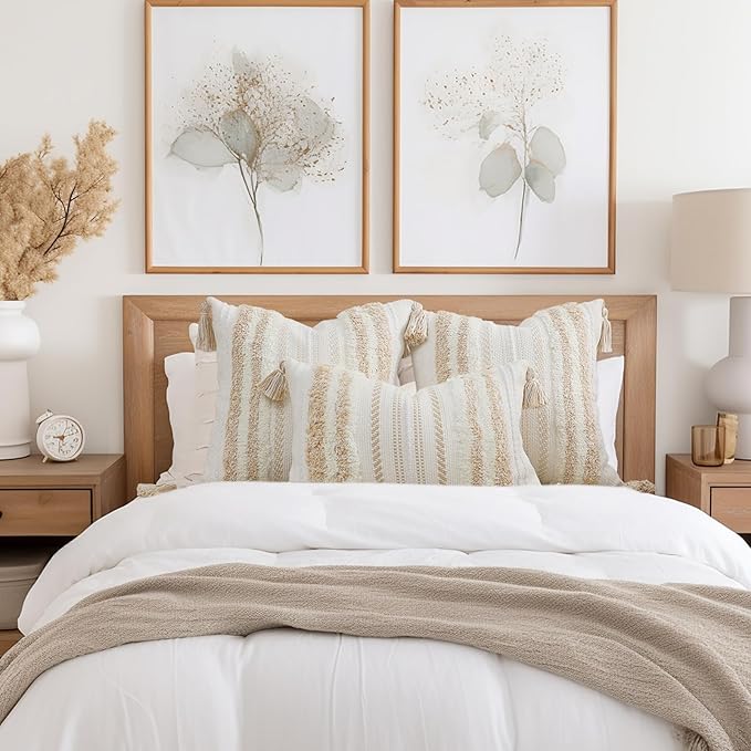 decorUhome Decorative Boho Throw Pillow Cover 20x20, Accent Neutral Textured Tufted Pillow Cover Striped for Couch Bed Sofa, Khaki and Cream White, Pack of 1