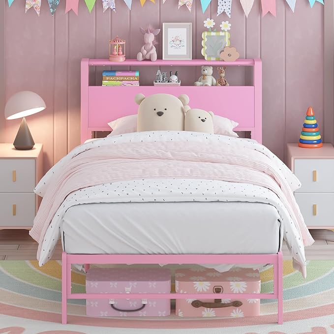 Weehom Twin Bed Frames for Kids with 2 Tiers Wood Storage Shelves Headboard, Twin Size Bed No Box Spring Needed Easy Assembly Metal Platform for Girls and Adults, Pink