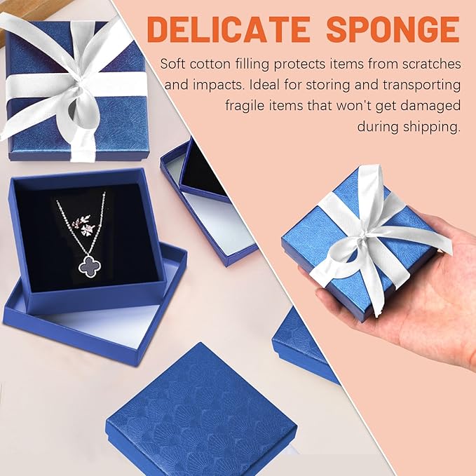 Tanstic 12Pcs Cardboard Jewelry Gift Boxes Kit, 3.5 x 3.5 x 1.2 Inch Navy Blue Gift Boxes Cardboard Jewelry Boxes with 74ft White Ribbon and Scissor for Rings, Necklaces, Earrings, Bracelets