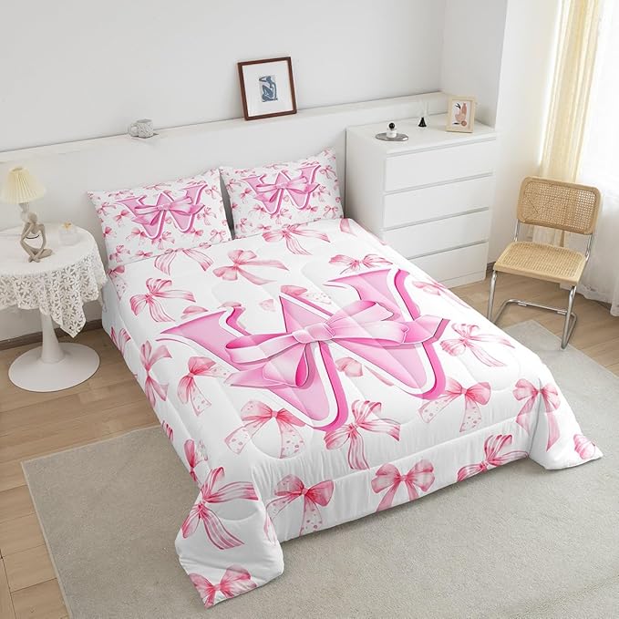 jejeloiu Kids Girls Cute Pink Bow Comforter Set King Size Monogrammed Bedding Set Ultra Soft Personalized Initial W Duvet Quilt Coquette Bow Knot Quilt Set Room Decor Modern Fashion Comforter