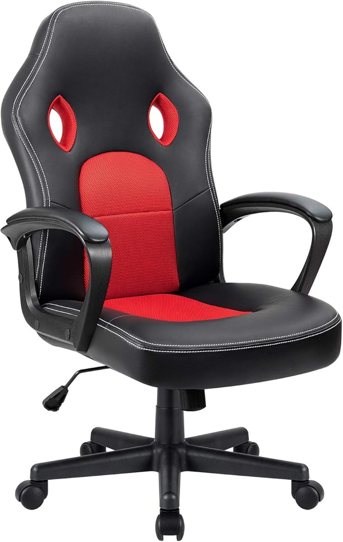 Furmax Red Gaming Chair, Adjustable Swivel Desk Chair with Padded Armrests and Lumbar Support, Leather and Mesh Design