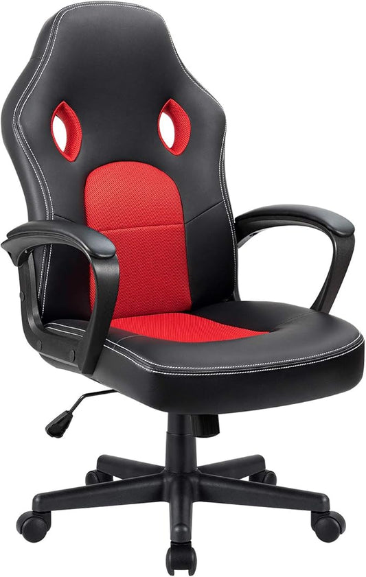 Furmax Red Gaming Chair, Adjustable Swivel Desk Chair with Padded Armrests and Lumbar Support, Leather and Mesh Design