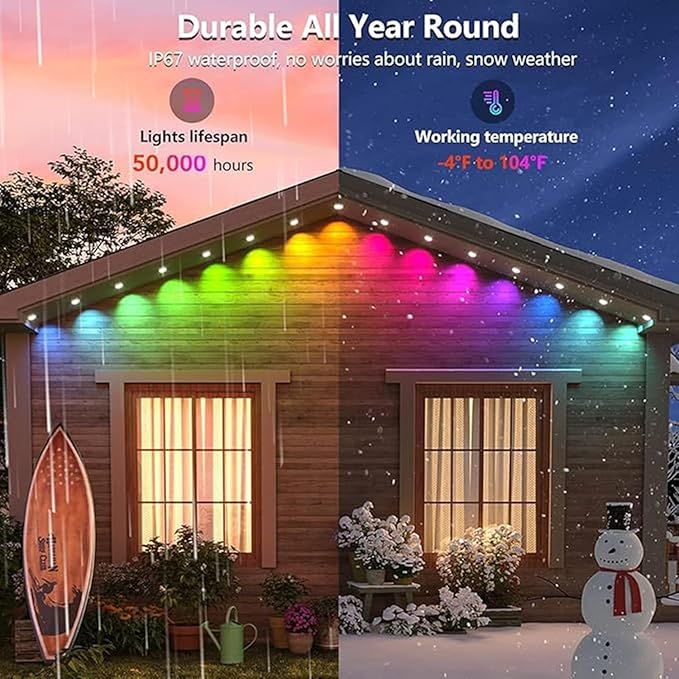 Permanent Outdoor Lights,200ft RGB + IC Smart LED Eaves Lights with App & Remote Control, IP67 Waterproof,for Christmas and All Holiday Decor,Daily and Accent Lighting,House Roof and Garden Lighting