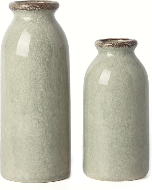 VICTOR & TERESA Green Ceramic Vases Home Decor, Farmhouse Vase for Flowers, Flower Vase Set of 2, Rustic Decorative Vases for Pampas Grass, Table, Living Room, Shelf, Centerpieces, 8 inch