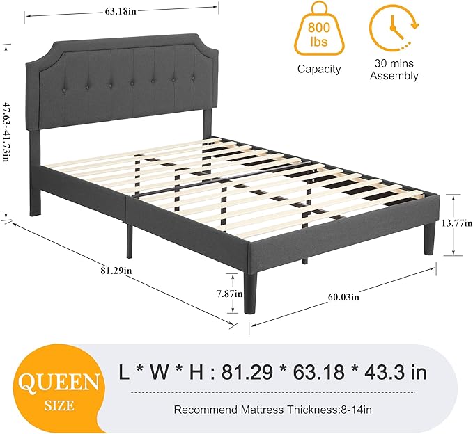 VECELO Queen Upholstered Platform Bed Frame with Adjustable Button Stitched Panel Headboard,Strong Wood Slat Support,Velcro Design,Mattress Foundation/Easy Assembly,Grey