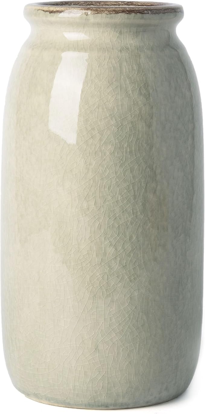 VICTOR & TERESA Rustic Green Vase for Home Decor, Ceramic Vases for Flowers, Modern Farmhouse Decorative Vases for Pampas Grass,Table Accent, Mantel, Living Room,Bookshelf, Centerpieces, 8''