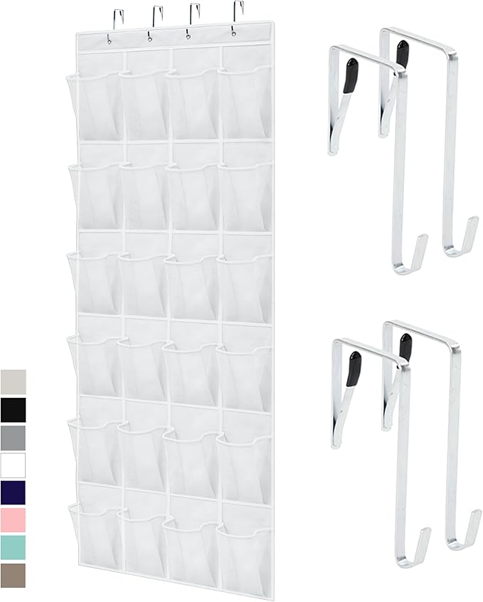 GORILLA GRIP Over the Door Shoe Organizer, 24 Large Breathable Mesh Pockets, Space Saving Hanging Storage Holder, Closet Rack Hanger Holds Up to 40 lbs, Hangs on Closets for Shoes, Accessories, White
