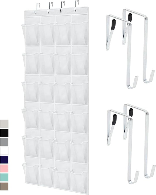 GORILLA GRIP Over the Door Shoe Organizer, 24 Large Breathable Mesh Pockets, Space Saving Hanging Storage Holder, Closet Rack Hanger Holds Up to 40 lbs, Hangs on Closets for Shoes, Accessories, White