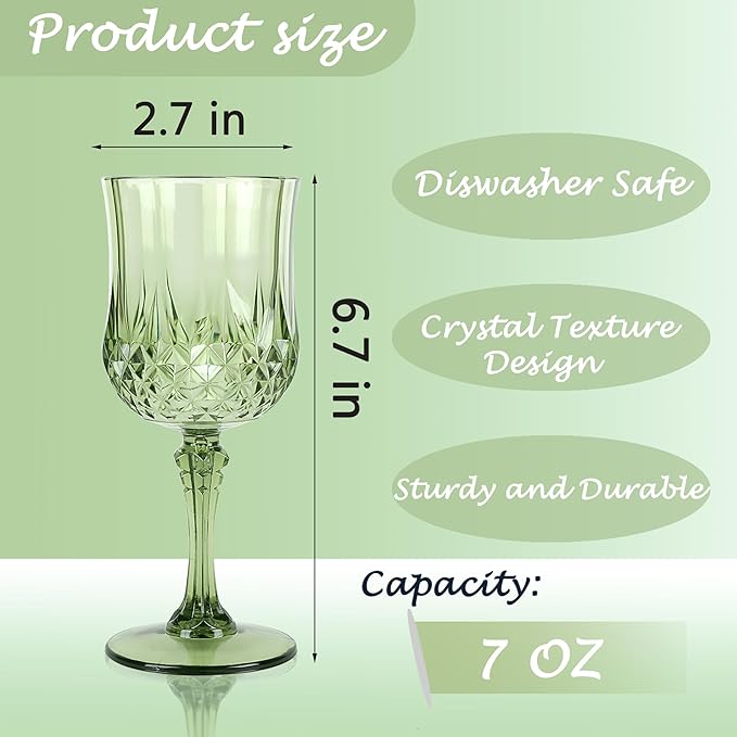 Plastic Wine Glasses，Plastic Goblets Vintage Style Cordial Drinking Glasses for Wedding Reception, Grand Event Party Supplies (24, New Green)