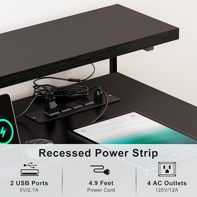 Need 60 inch Computer Desk with LED Lights & Power Outlets, Large Home Desk with Monitor Shelf, Writing Table Gaming Desk Home Office Desk, Black