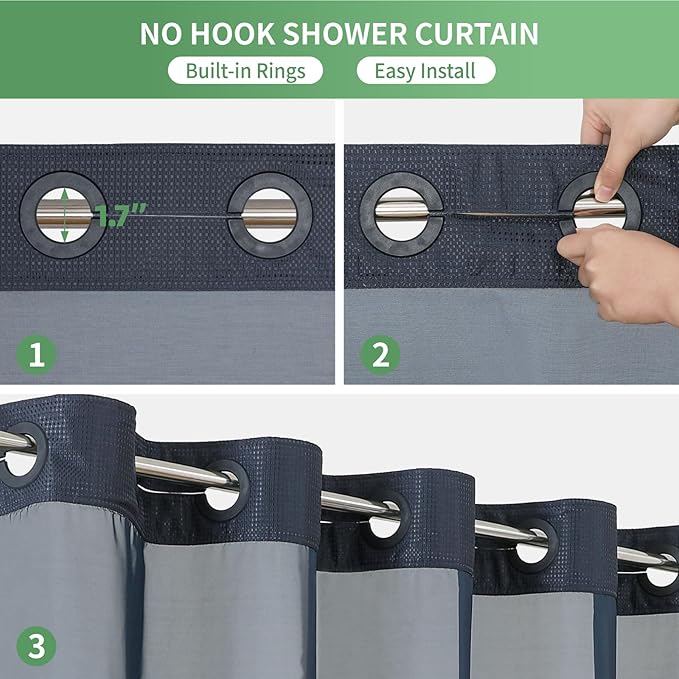 Stall No Hook Shower Curtain with Snap-in Fabric Liner Set,Waffle Weave Shower Curtains for Bathroom,Hotel Luxury Decor Bathroom Curtain Set,Waterproof & Washable,Navy,54Wx80H
