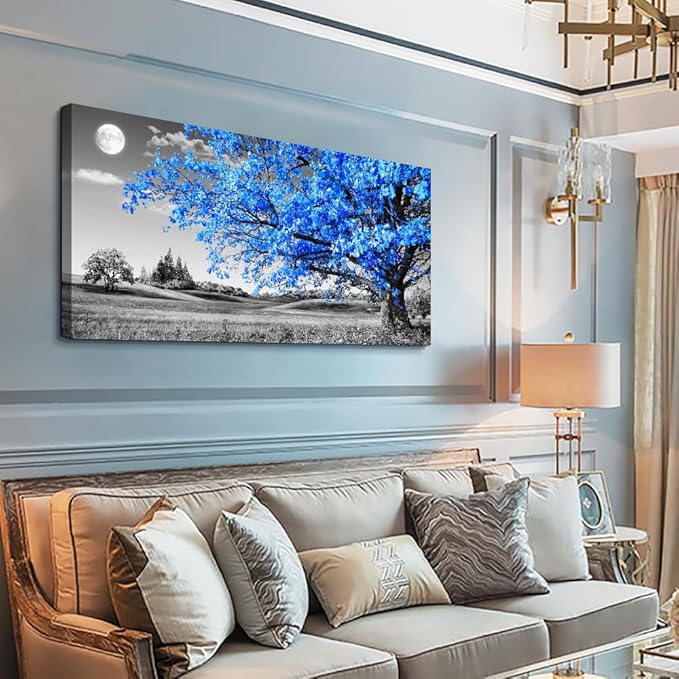Wapluam Large Canvas Wall Art For Living Room Wall Decor For Bedroom Black And White Wall Paintings Blue Tree Scenery Wall Pictures Prints Artwork Office Decor Room Aesthetic Home Decor 24" X 48"
