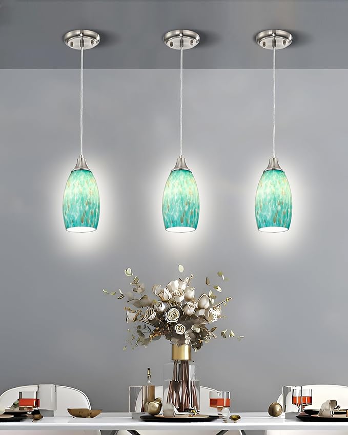 Mini Pendant Lights Kitchen Island Hand Blown Aqua Glass Pendant Light with Brush Nickel Finish Adjustable Cord for Kitchen Over Sink,Hallway,Dining Room,Stairs Way