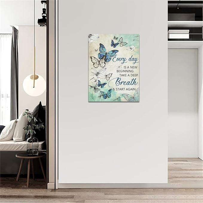 Teal Butterfly Floral Wall Decor - Farmhouse Butterfly Pictures Inspirational Quotes Canvas Prints Artwork Painting Modern Home Decorations For Bathroom Girls Bedroom Living Room