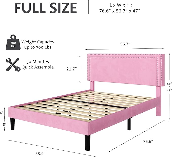 VECELO Full Size Bed Frame with Adjustable Upholstered Headboard, Wooden Slats Platform, Noise-Free Design, No Box Spring Needed, Easy Assembly