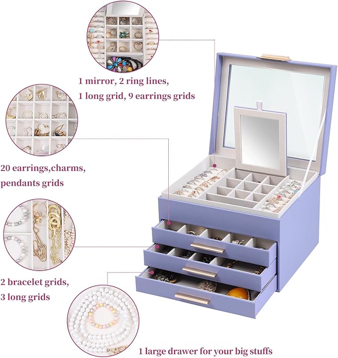 BOOVO Clear Lid Jewelry Box,4 Layers Jewelry Organizer Large Jewelry Storage Box with 3 Drawers,Jewelry Holder Organzier of Rings Earrings Necklace Bracelets for Women (Purple, 4 Layer)