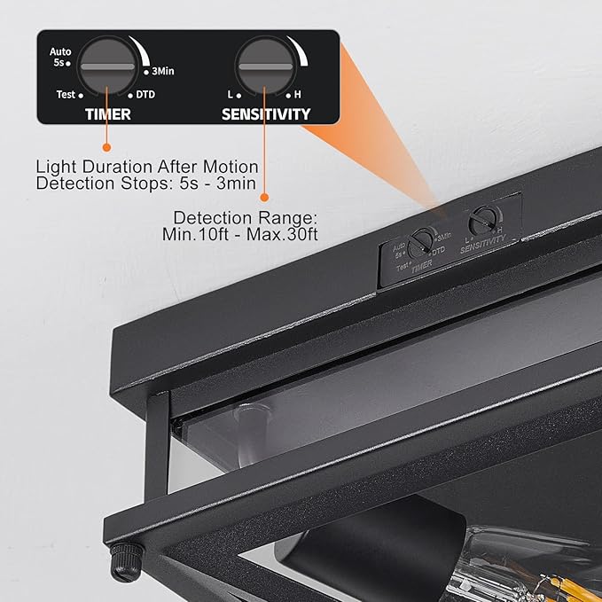 Motion Sensor Outdoor Flush Mount Ceiling Light, Modern Farmhouse Ceiling Lights with Clear Glass, Matte Black Industrial Iron Light Fixtures for Entryway Garage Hallway Patio Porch