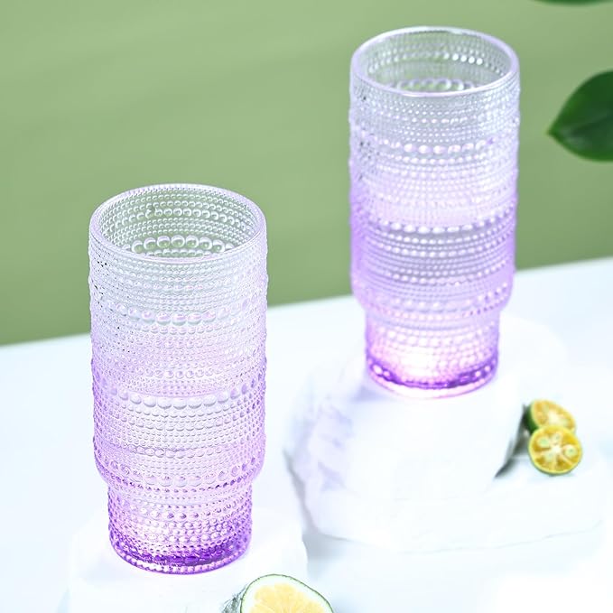 6pcs Hobnail Drinking Glasses Set, 16 oz Vintage Glassware Drinking Glasses, Gradual Purple Water Glasses Tumbler, Cups for Kitchen, Juice, Beer, Cocktail, Whiskey