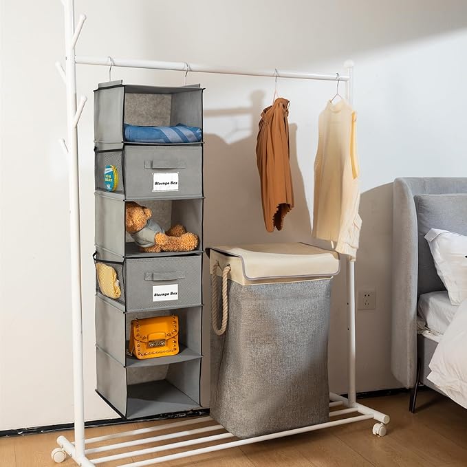 2 Pack 6 Shelves Hanging Closet Organizer with 2 Drawer, Hanging Storage with 4 Side Pockets for Clothes Shoes, 43.5"x12"x12"(Gray)