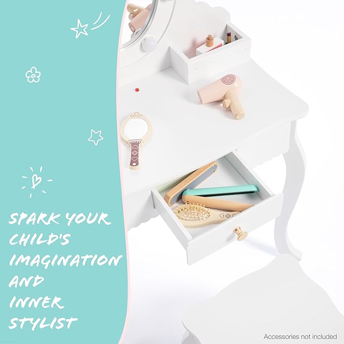 Spirich Kids Vanity, Girls Vanity Set with Mirror and Stool and Lights, Kids Vanity Table and Chair Set,Wooden Princess Makeup Desk Dressing Table