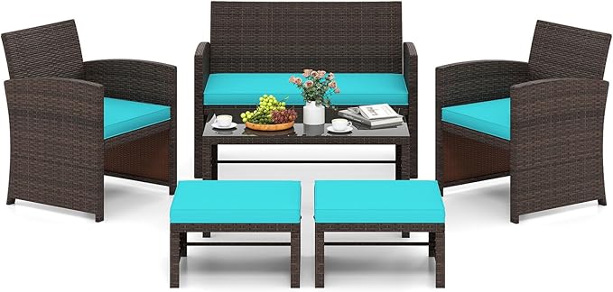 Tangkula 6 Pieces Patio Furniture Set, Outdoor Sectional Conversation PE Rattan Sofa Set with 1 Loveseat, 1 Coffee Table, 2 Armchairs and 2 Ottomans for Garden, Deck, Backyard and Poolside (Turquoise)