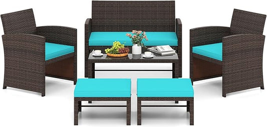 Tangkula 6 Pieces Patio Furniture Set, Outdoor Sectional Conversation PE Rattan Sofa Set with 1 Loveseat, 1 Coffee Table, 2 Armchairs and 2 Ottomans for Garden, Deck, Backyard and Poolside (Turquoise)