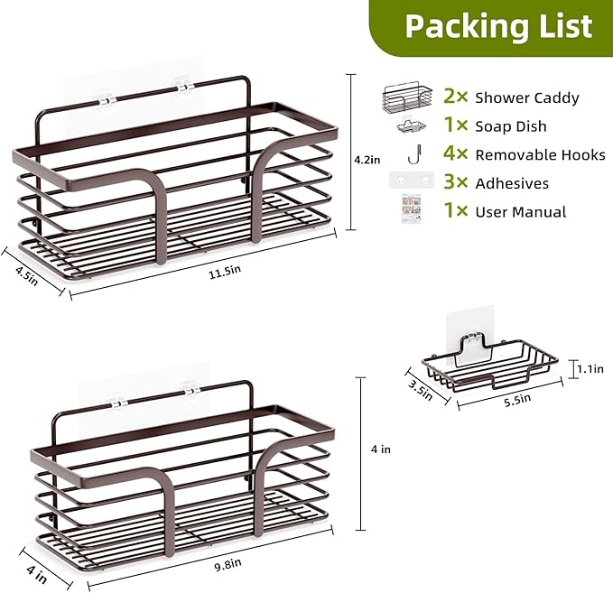 Yougai Shower Caddy 3 Pack, No drilling Stainless Steel Hanging Shower Organizer Set, Strong Adhesive Shower Organizer for Bathroom Storage, Waterproof & Large Bearing Weight Organizer Shelf, Brown