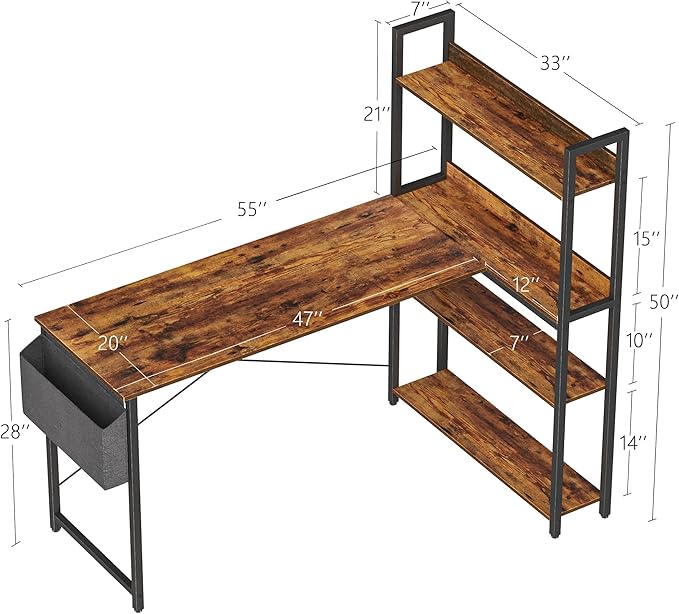 Treesland 55 Inch Computer Desk with Storage Shelves, L Shaped Desk with Storage, Corner Desk with Shelves, Home Office Desks, Bookshelf Desk, Writing Study Desk for Bedroom, Brown