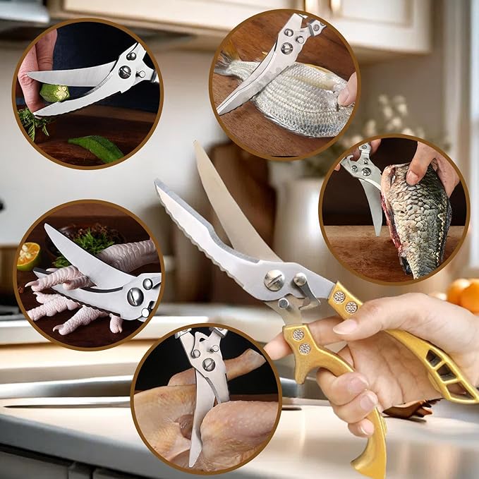 ANDONG Poultry Shears Heavy Duty Kitchen Shears with Serrated Edge, Kitchen Scissors spring loaded, Chicken Shears Heavy Duty Professional, Gold