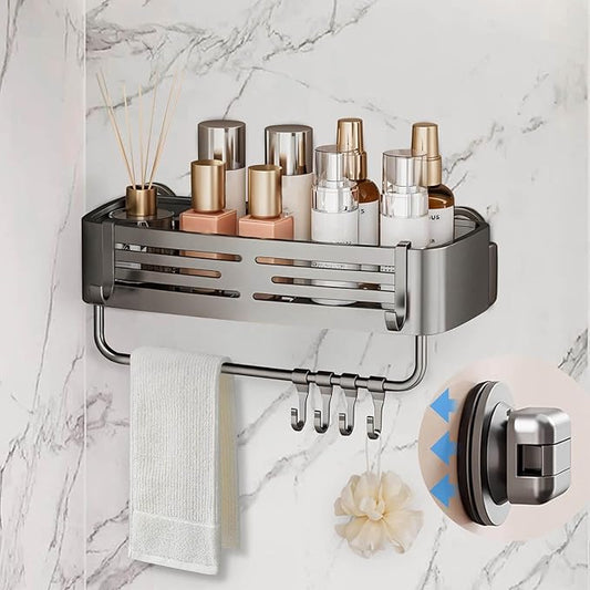 Onemake Shower Caddy Suction Cup, No Drilling Bathroom Shower Shelf, Corner Shower Caddy with 6 Portable Hooks, Removable Bath Organizer with Towel Bar for Bathroom Storage(Gray)